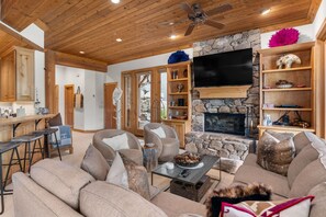 Smart TV, chimenea y libros 