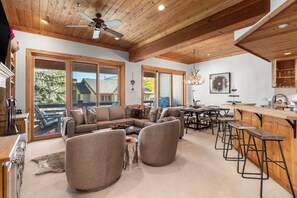 Smart TV, fireplace, books