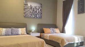 A hotel room with two beds, a nightstand with a lamp, a cityscape painting, and a window with curtains. - Laman Kurnia Holiday House (Kota Bharu)