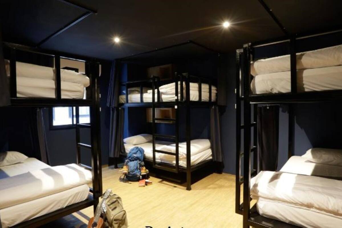 Habitación tipo dormitorio con literas, suelo de madera y una ventana que deja entrar luz natural.