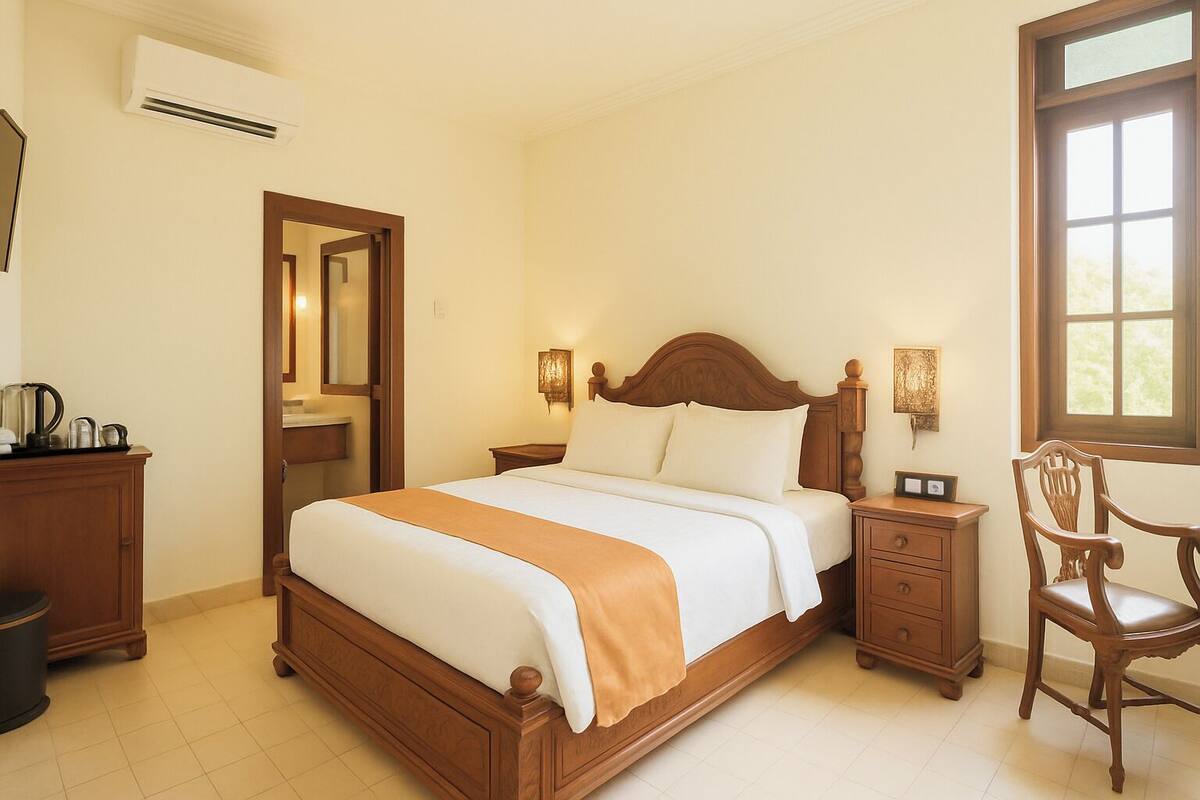 A neatly made bed with a wooden headboard, two bedside tables, a chair, and a window with a view.