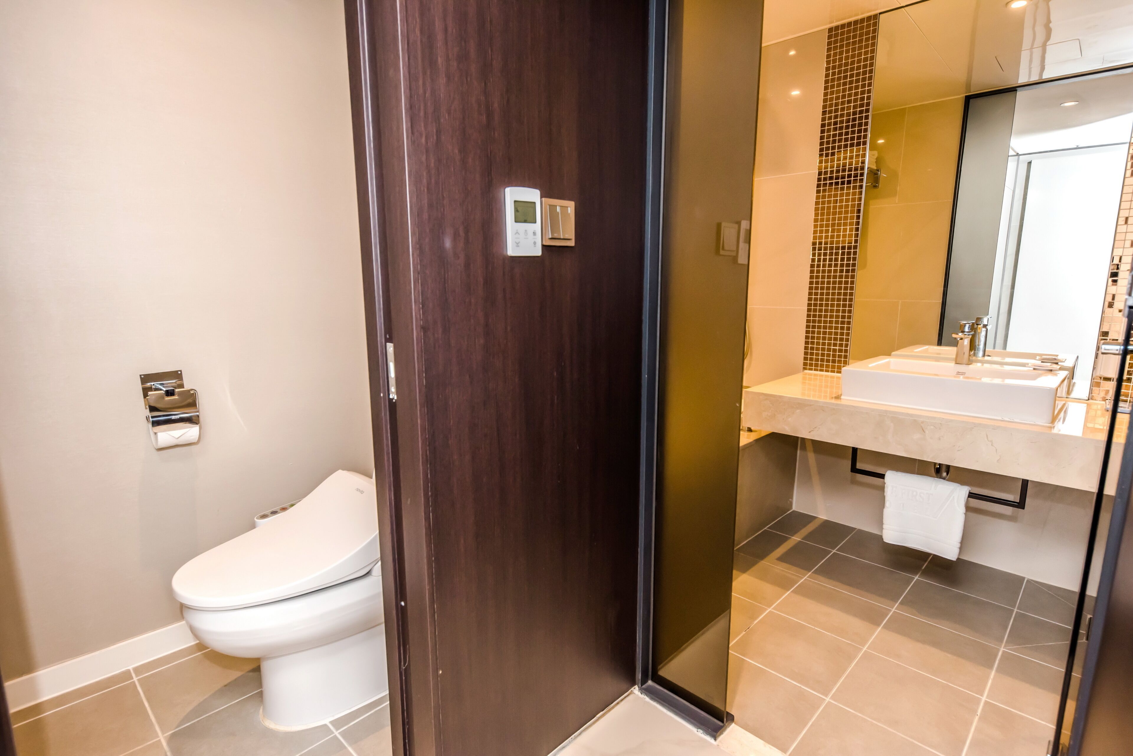 A modern bathroom with a toilet, a shower area, and a sink.