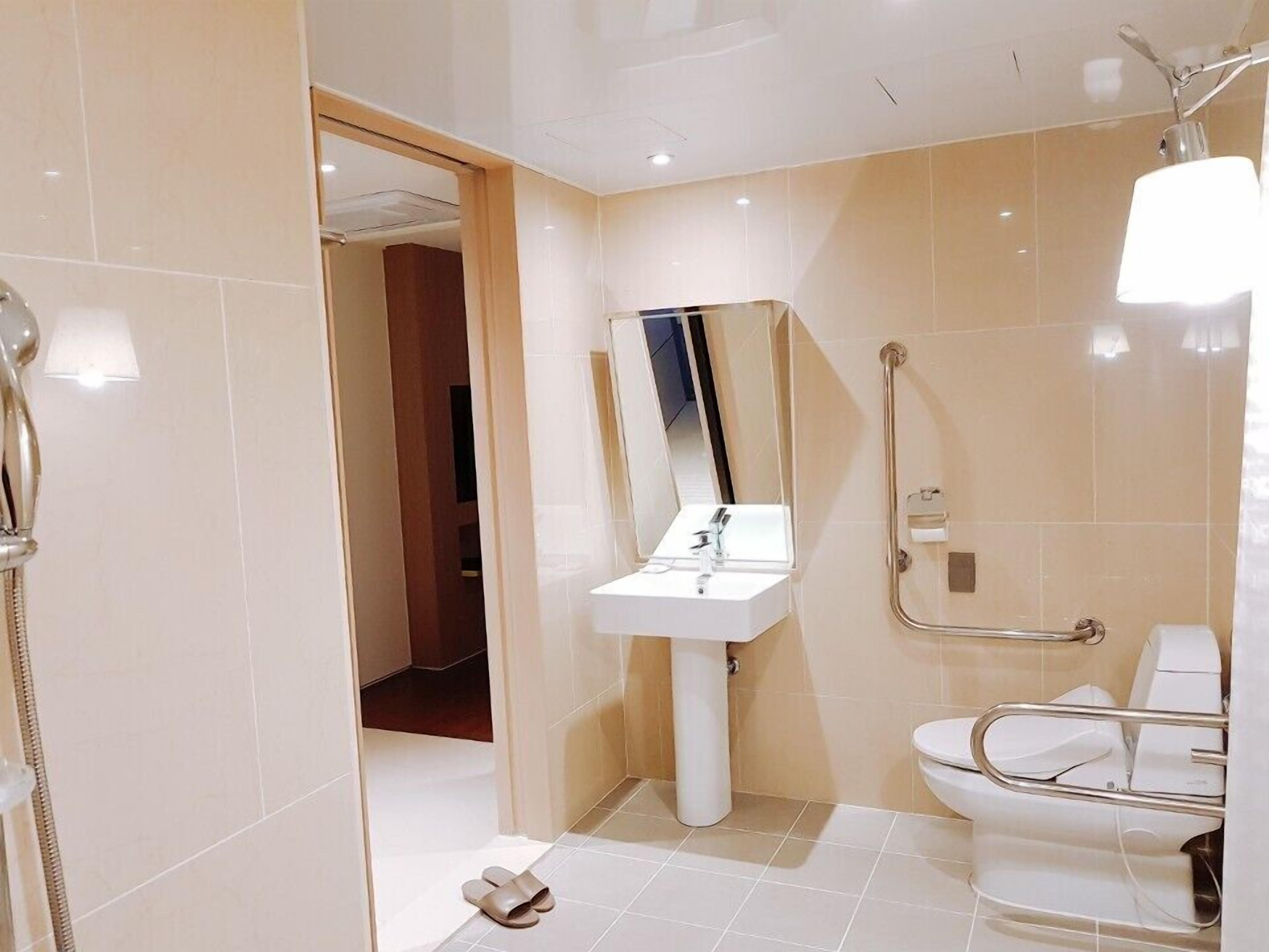 Een moderne badkamer met een witte wastafel, een spiegel, een douche met een handdouche en een toilet met een handgreep.