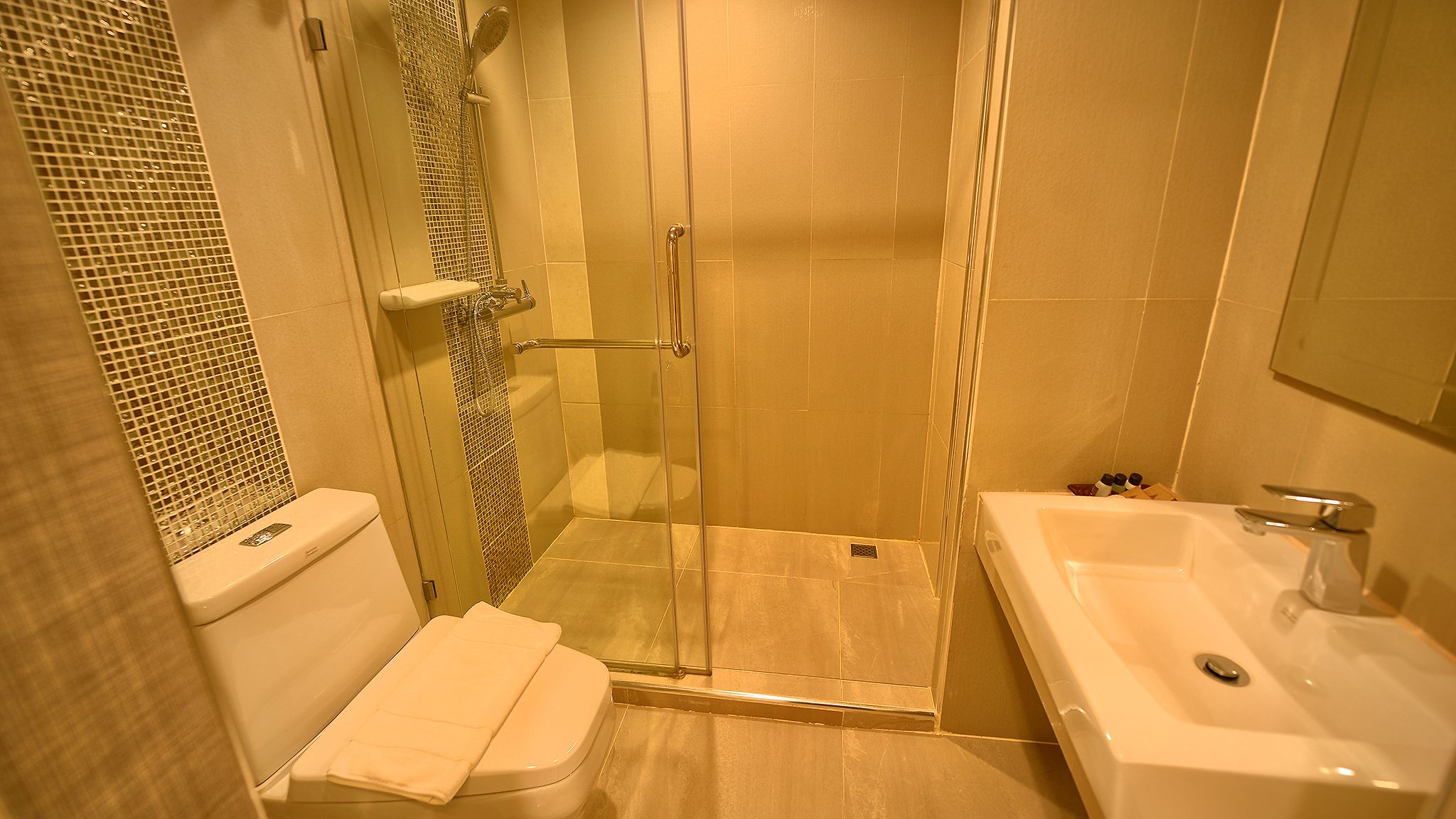 Une salle de bain avec une douche à parois de verre, des toilettes et une baignoire.