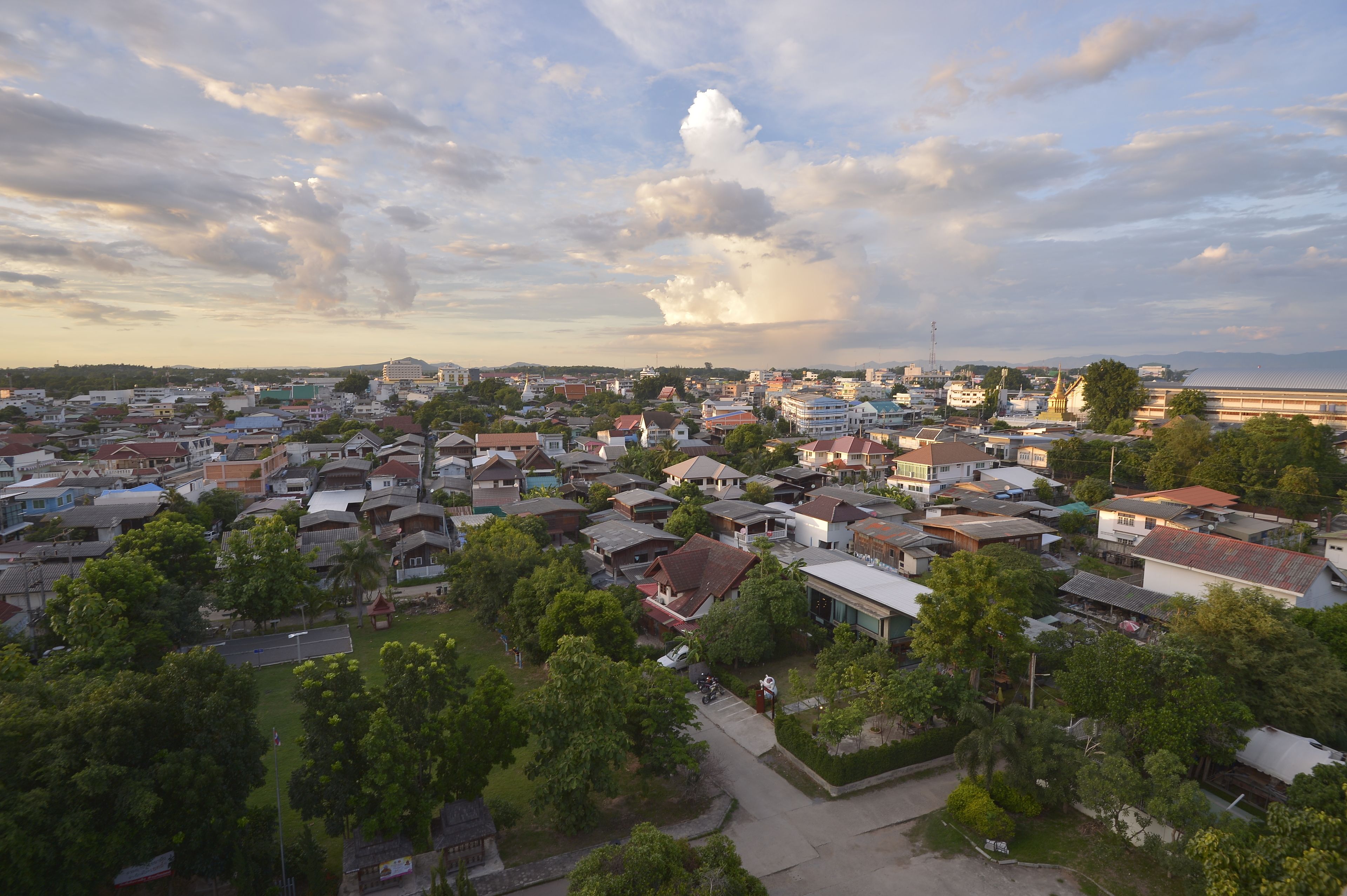An aerial view of a residential area with houses, trees, and a distant view of a large building.