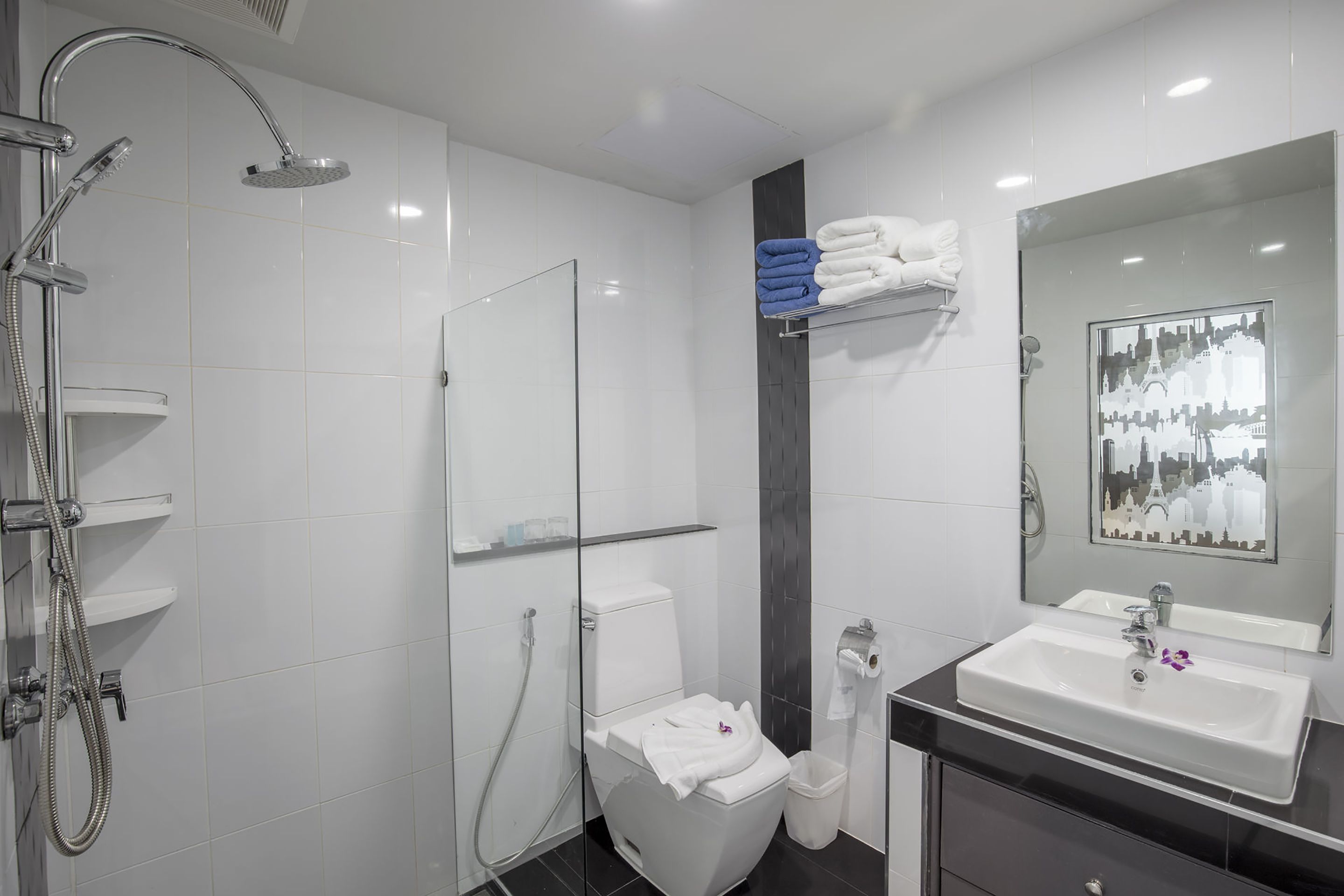 A modern bathroom with a glass shower enclosure, white toilet, and a vanity with a large mirror.