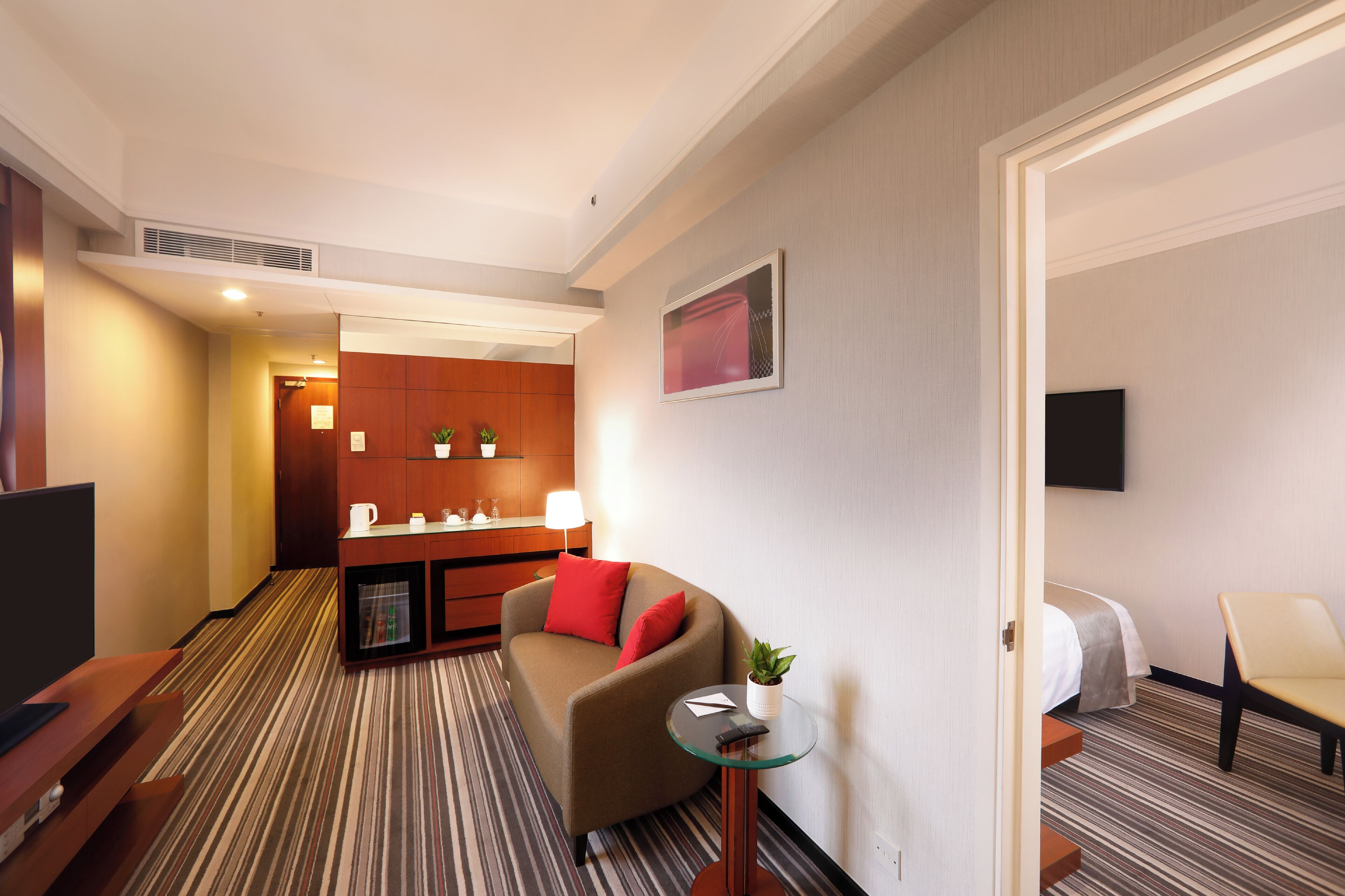 A hotel room with a sofa, a small table with a plant, a TV, a desk with a computer, and a bed.