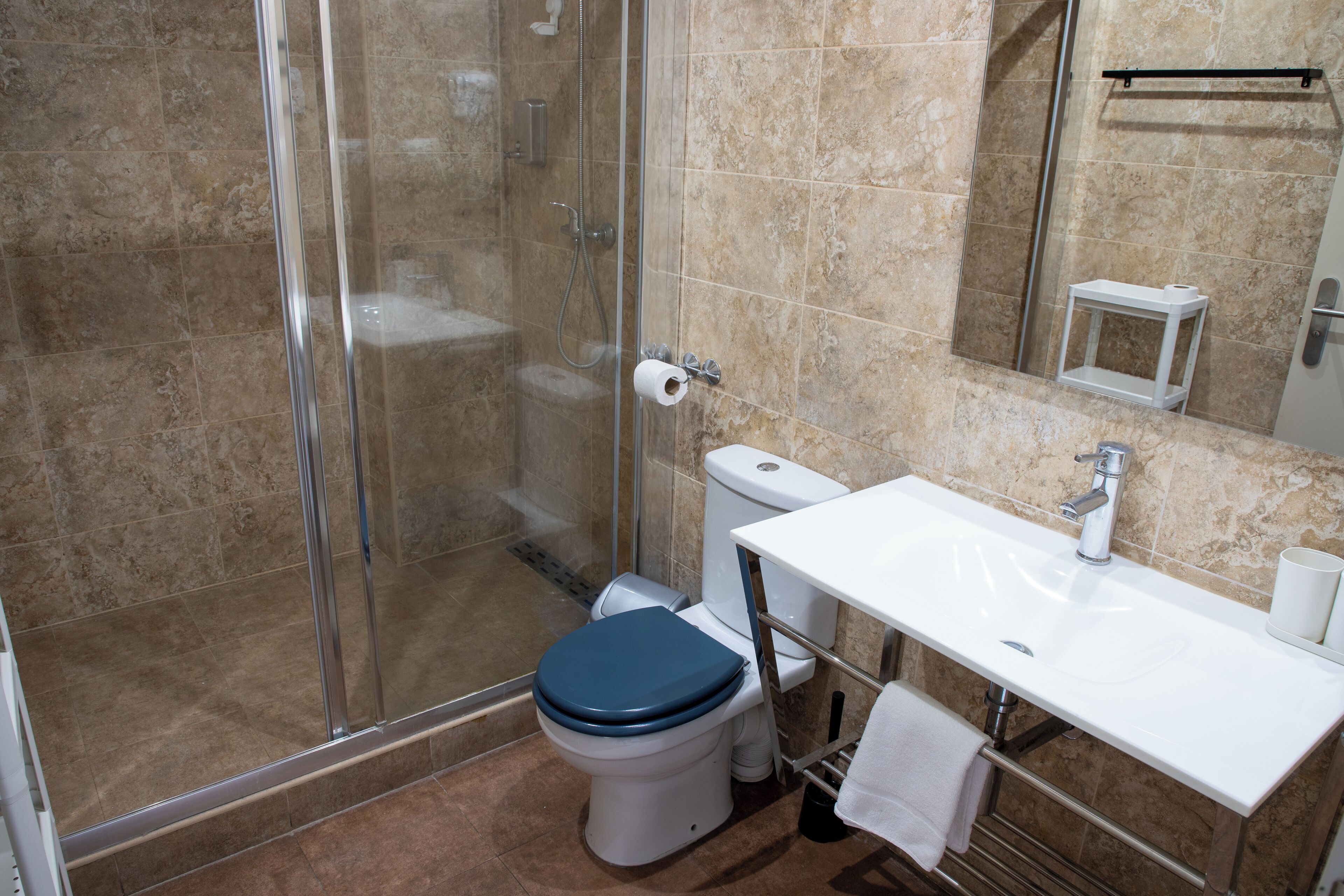 Een badkamer met een douche met glazen wand, een witte wastafel en een toilet met een blauwe zitting.