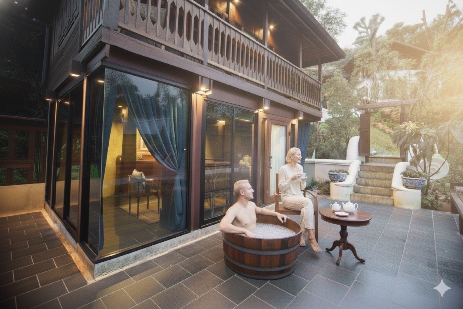 Een modern huis met een glazen patio, een houten terras en een pad van stenen.