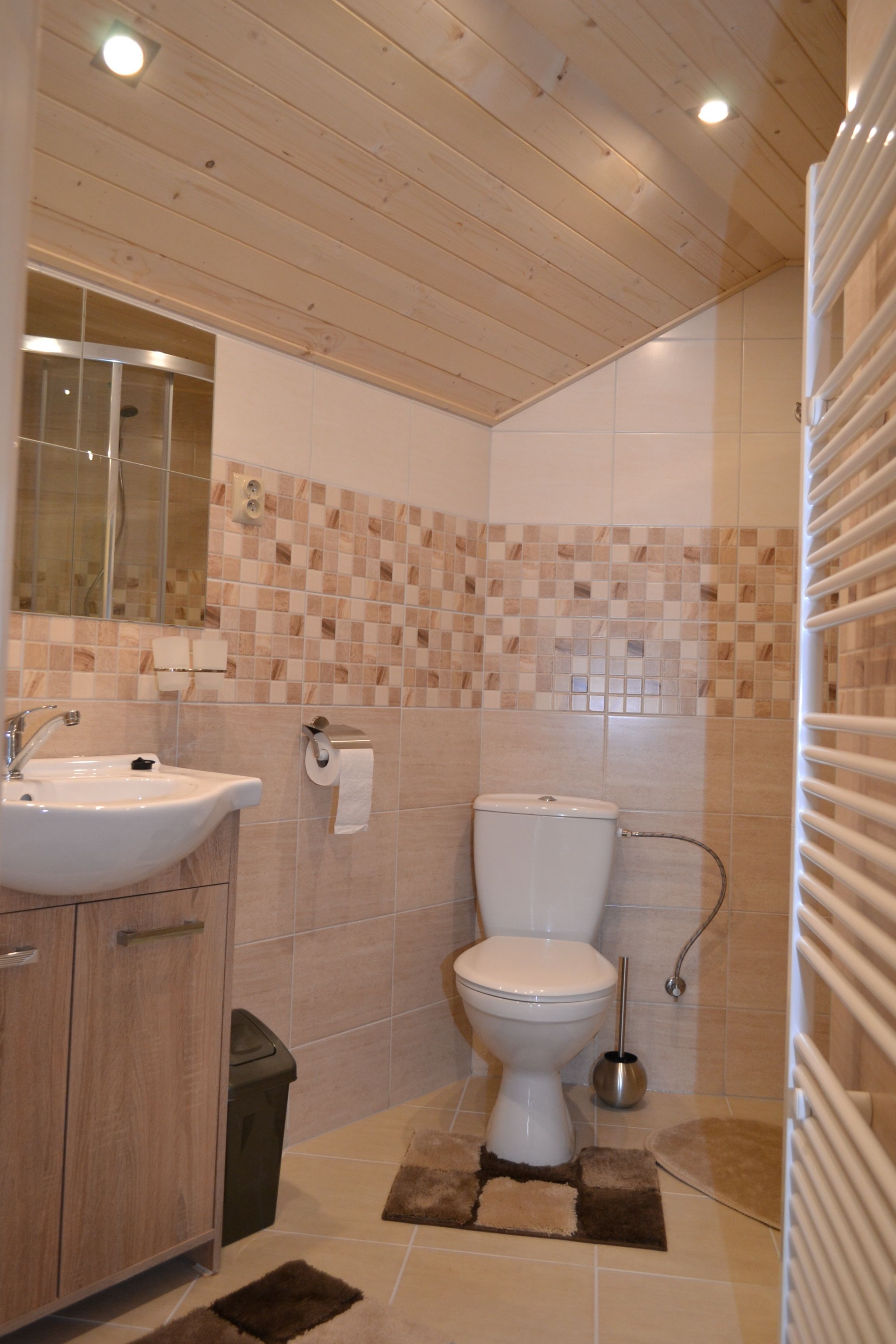 Een badkamer met een houten plafond, een wastafel, toilet en een douchegedeelte.