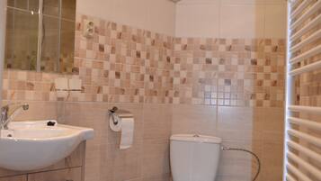 Een badkamer met een houten plafond, een wastafel, toilet en een douchegedeelte.