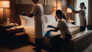 Een hotelkamer met een net opgemaakt bed, een nachtkastje met een lamp en een fles, en een groot raam met gordijnen.