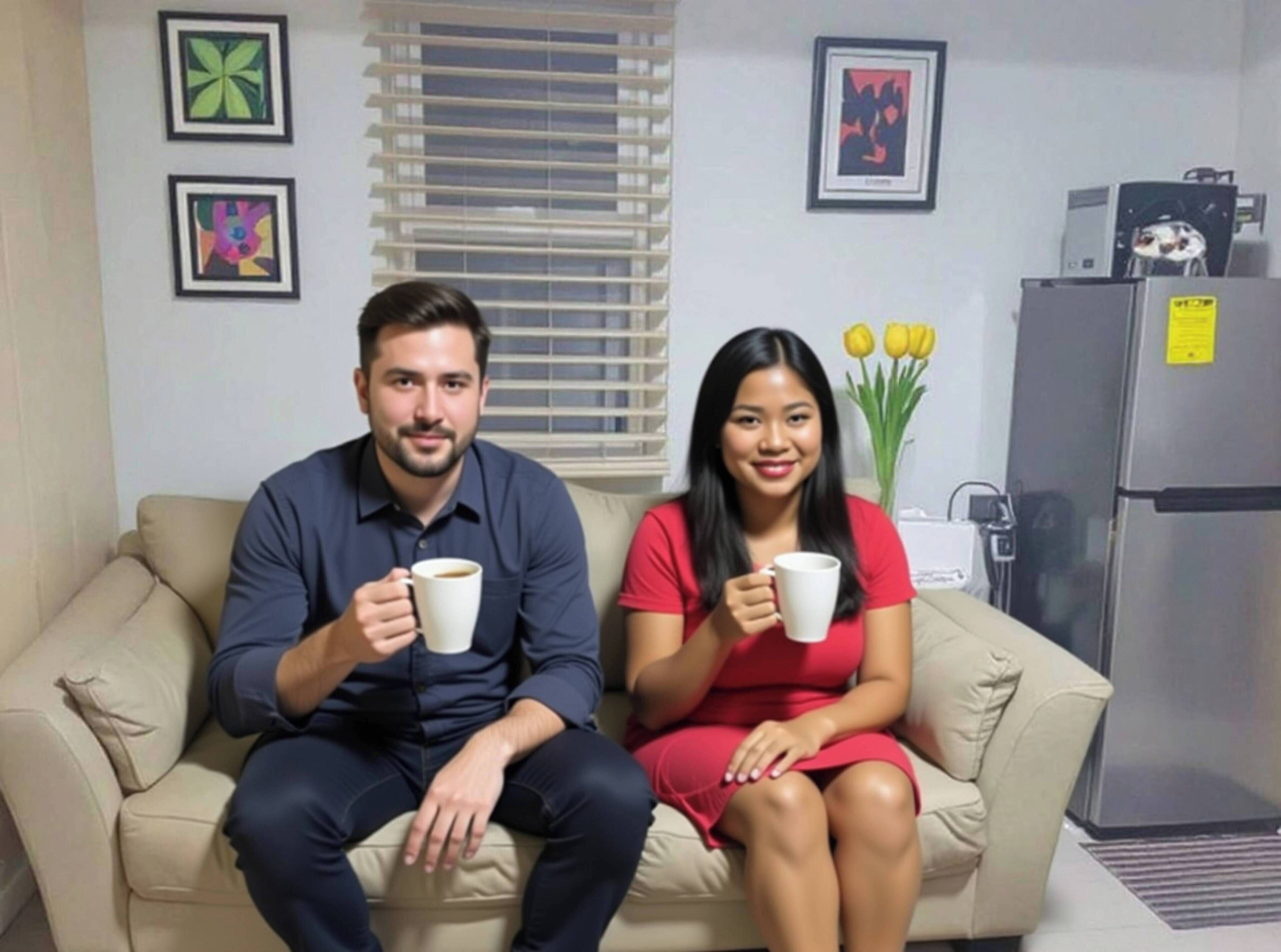 A man and a woman sitting on a beige sofa in a room with a window, a refrigerator, and framed pictures on the wall.