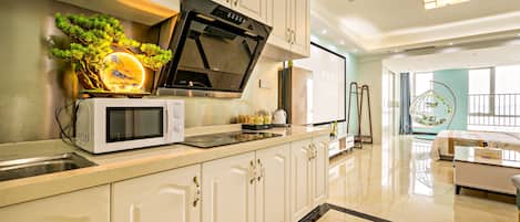 Fridge, microwave, electric kettle