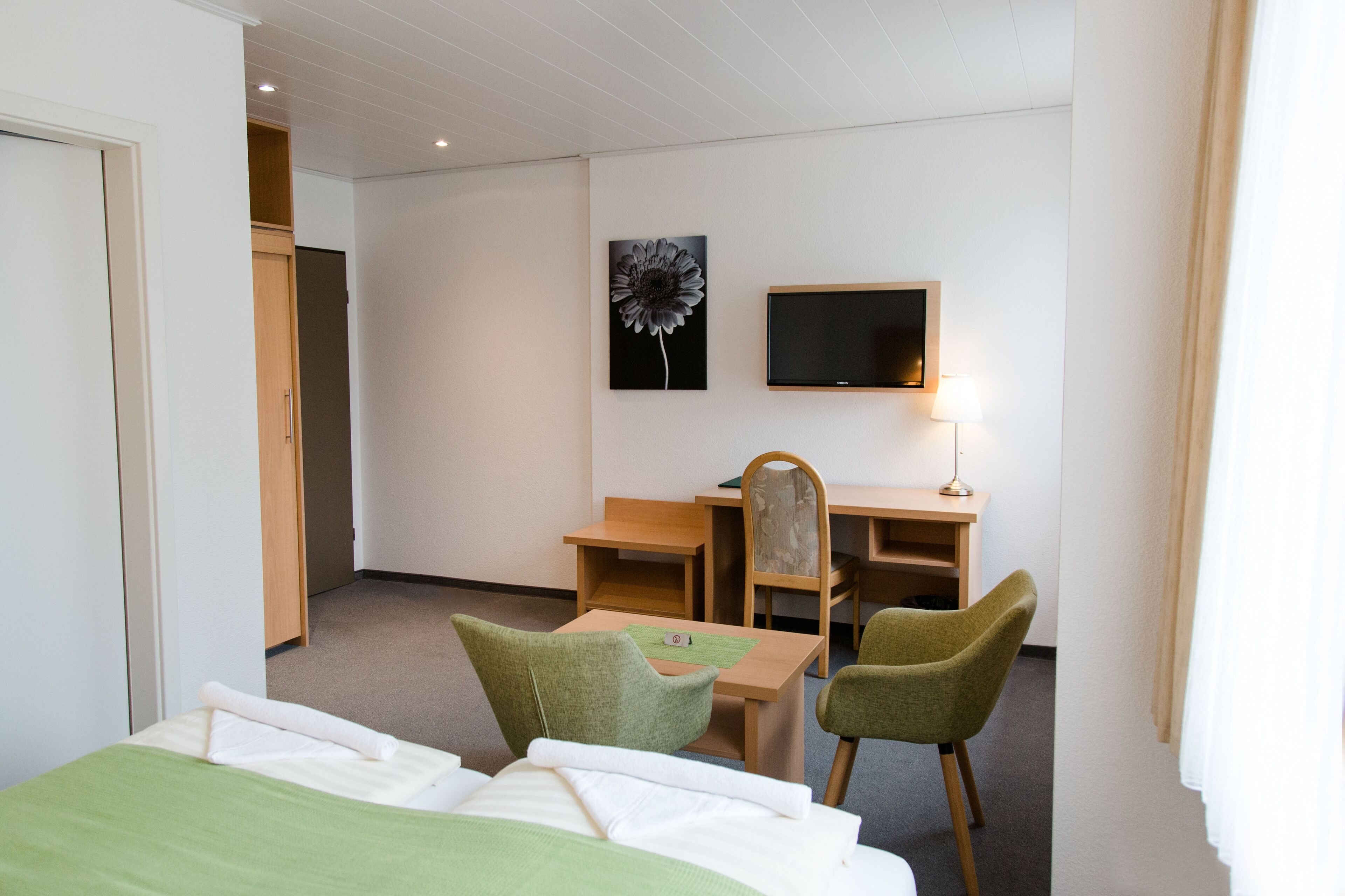 A hotel room with a bed, two chairs, a desk, a television, and a wall-mounted picture.