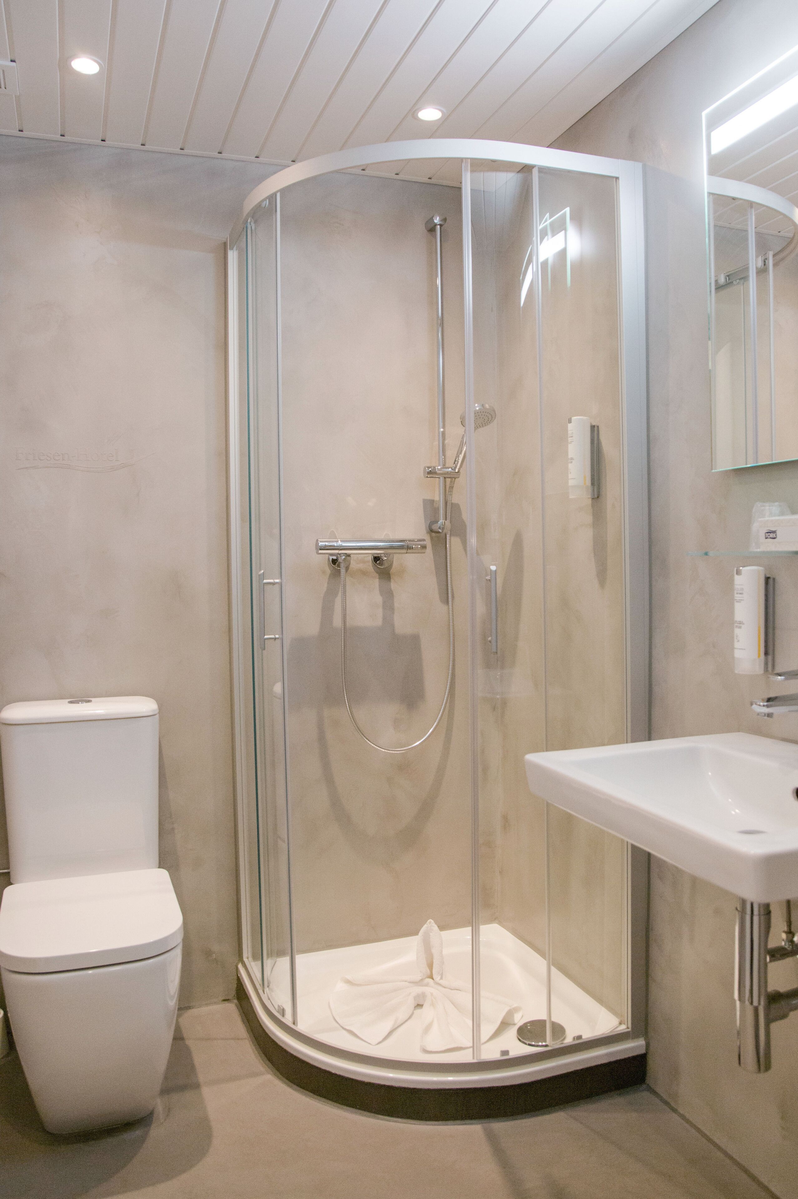 A modern bathroom with a glass-enclosed shower, a white toilet, and a sink.
