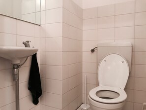 Une salle de bain avec un lavabo blanc, des toilettes et un miroir.