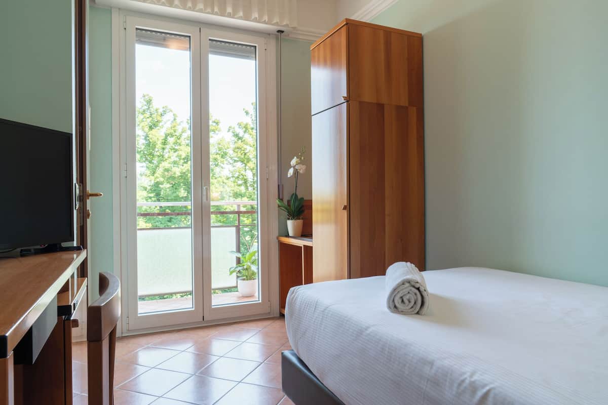 A hotel room with a bed, a television, a wooden wardrobe, a potted plant, and a sliding glass door leading to an outdoor area.