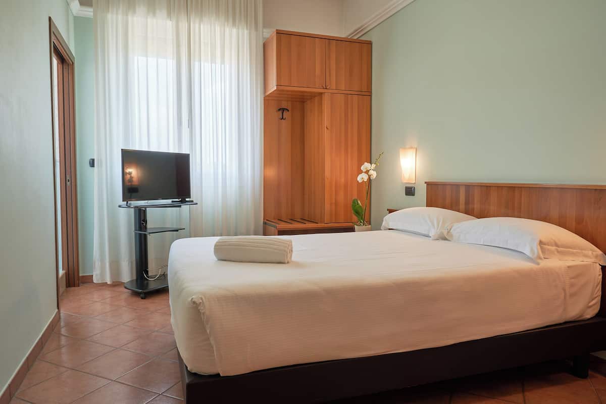 A hotel room with a bed, a TV on a stand, a wardrobe, and a potted plant.