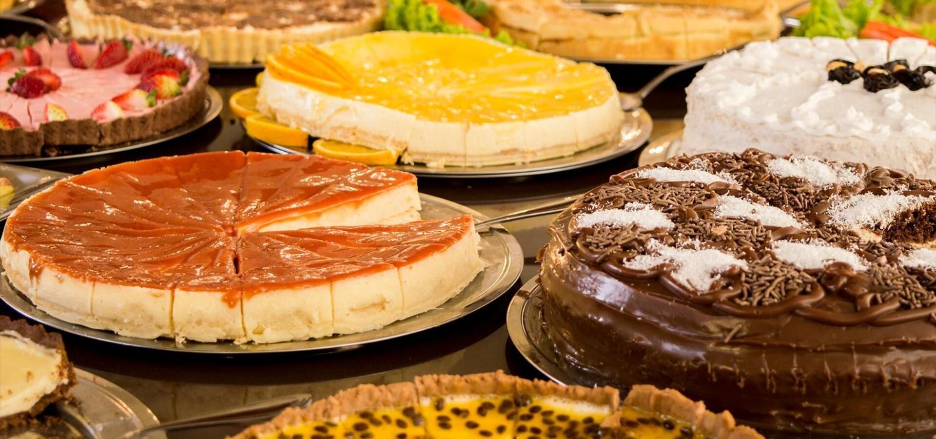 A variety of cakes on display.