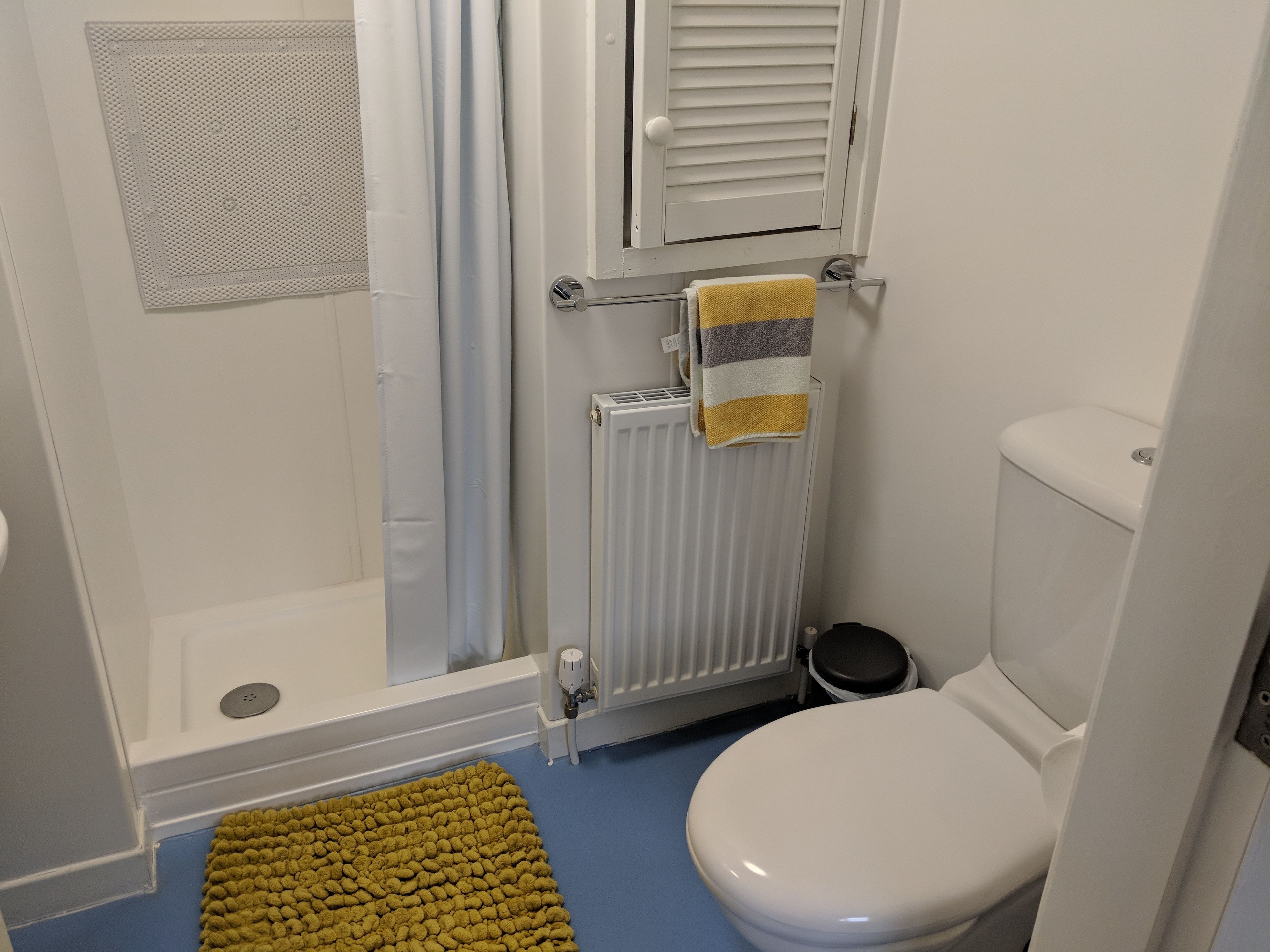 Un baño con ducha, inodoro y radiador.