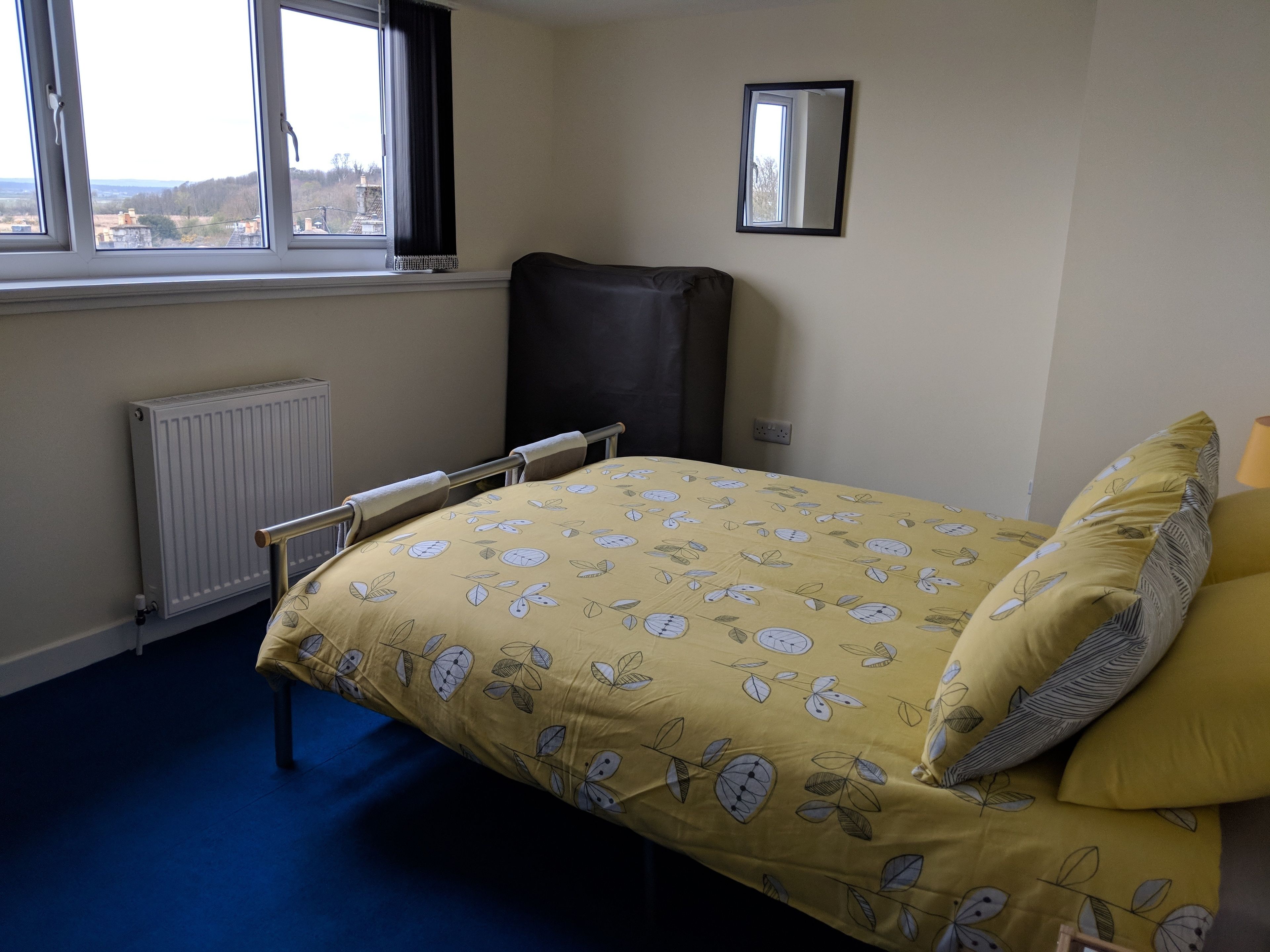 A bedroom with a bed, a window, a radiator, and a mirror.