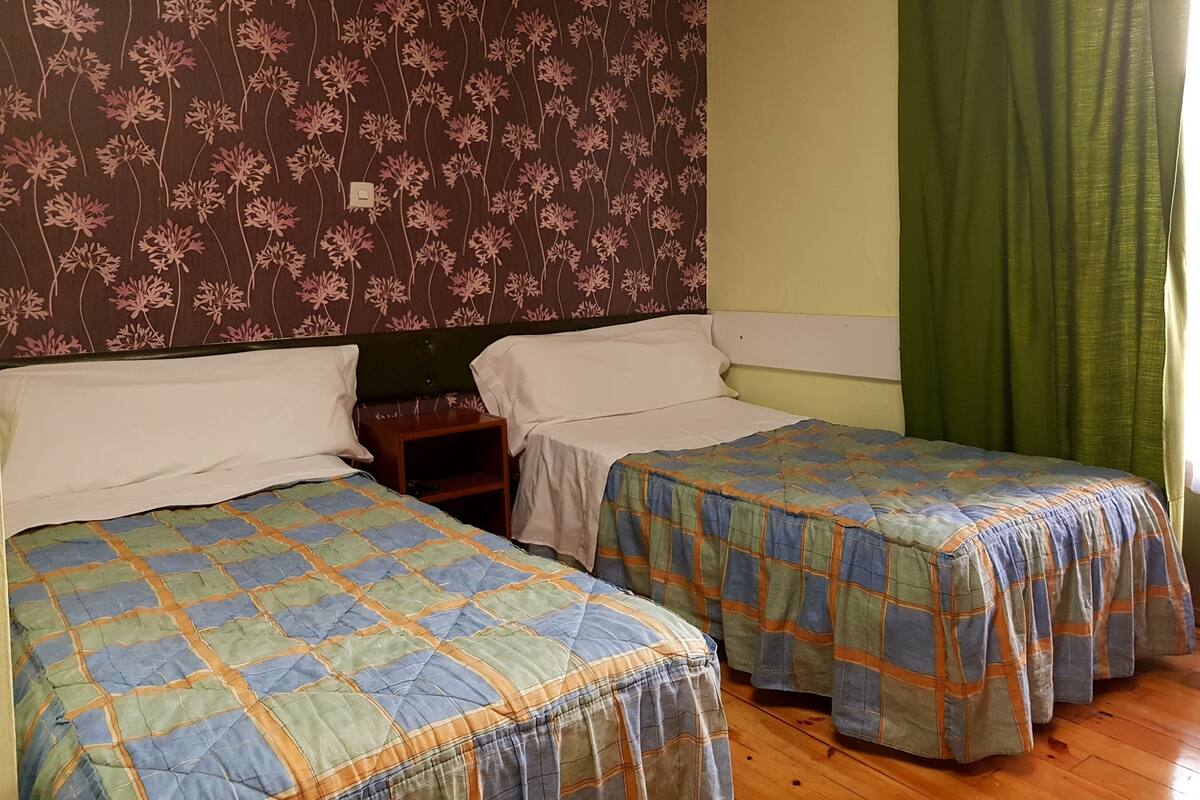 A room with two beds, floral wallpaper, a wooden nightstand, and a green curtain.