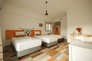 Premium bedding, desk, laptop workspace, blackout curtains
