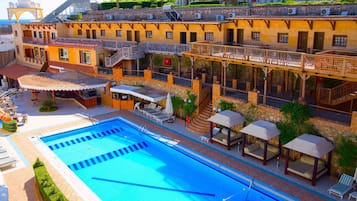 Outdoor pool, pool umbrellas, pool loungers