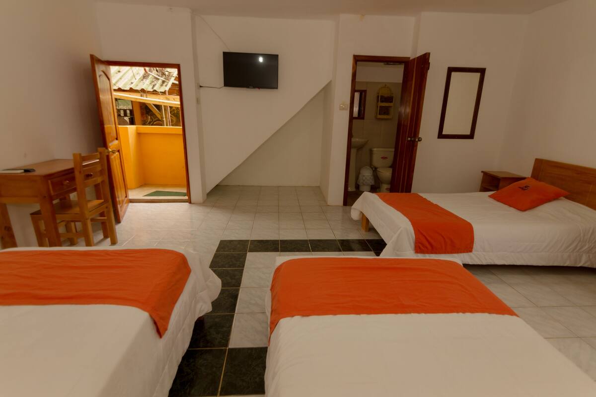 A hotel room with two beds, a desk, and a television.