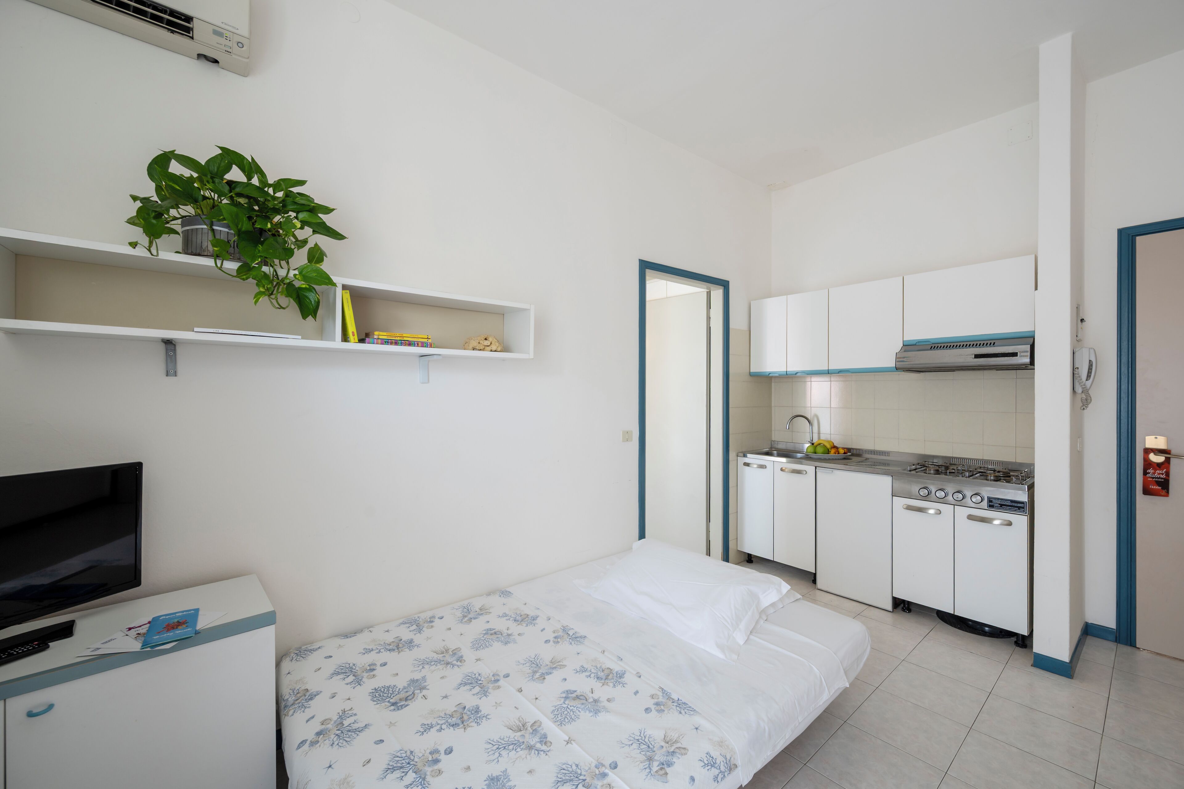Een compacte hotelkamer met een bed, een televisie, een kleine kitchenette en een bloempot.