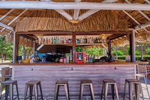 An outdoor bar area with a thatched roof, wooden bar counter, and stools.
