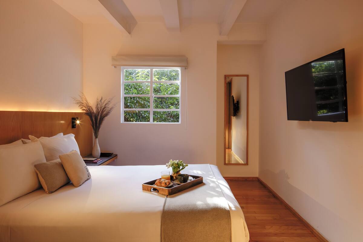 A hotel room with a large bed, a bedside table with a tray of breakfast, a window with a view of greenery, and a flat-screen TV mounted on the wall.