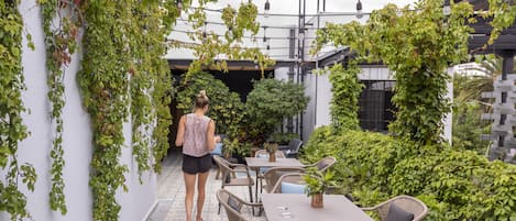 En udendørs patio med borde og stole, omgivet af grønt og slyngplanter på væggene.