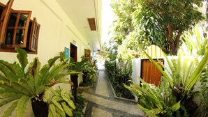 A narrow corridor with potted plants on either side, leading to a wooden door at the end. - Sogod Bay Scuba Resort (Padre Burgos)