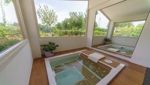 A spa room with a large window, a wooden floor, and a small potted plant. - Centro Vacanze Camping Spinnaker (Fermo)