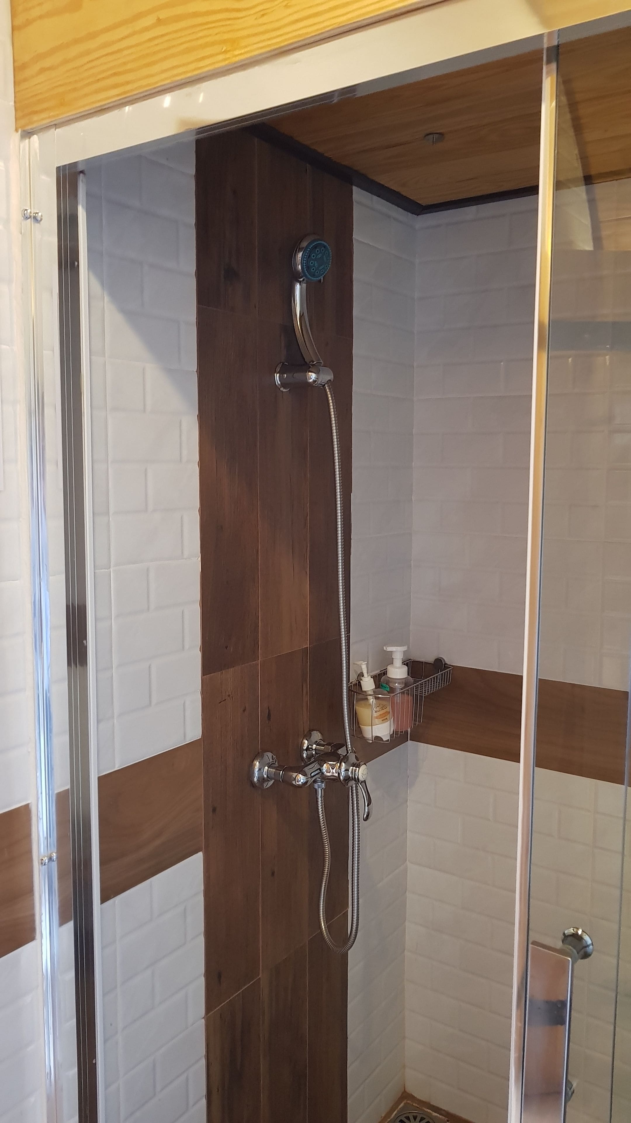 Une douche équipée d’un pommeau de douche à main et d’un robinet fixé au mur.