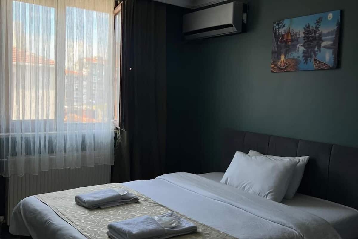 Una habitación de hotel con una cama, un cuadro en la pared y una ventana con cortinas traslúcidas.