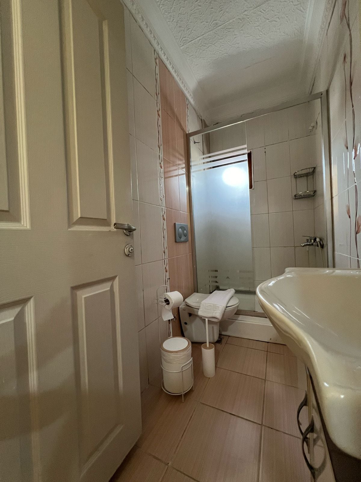 A bathroom with a toilet, sink, and shower area.