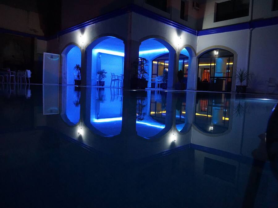 Outdoor pool, pool umbrellas, pool loungers