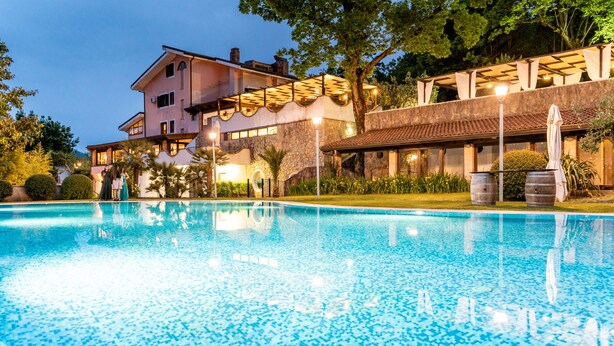 Une piscine dont le bord est revêtu de pierres, entourée d’une pelouse bien entretenue et d’arbres.