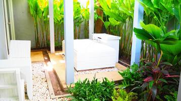 Family Quadruple Room, Multiple Beds, Patio | Deep soaking bathtub