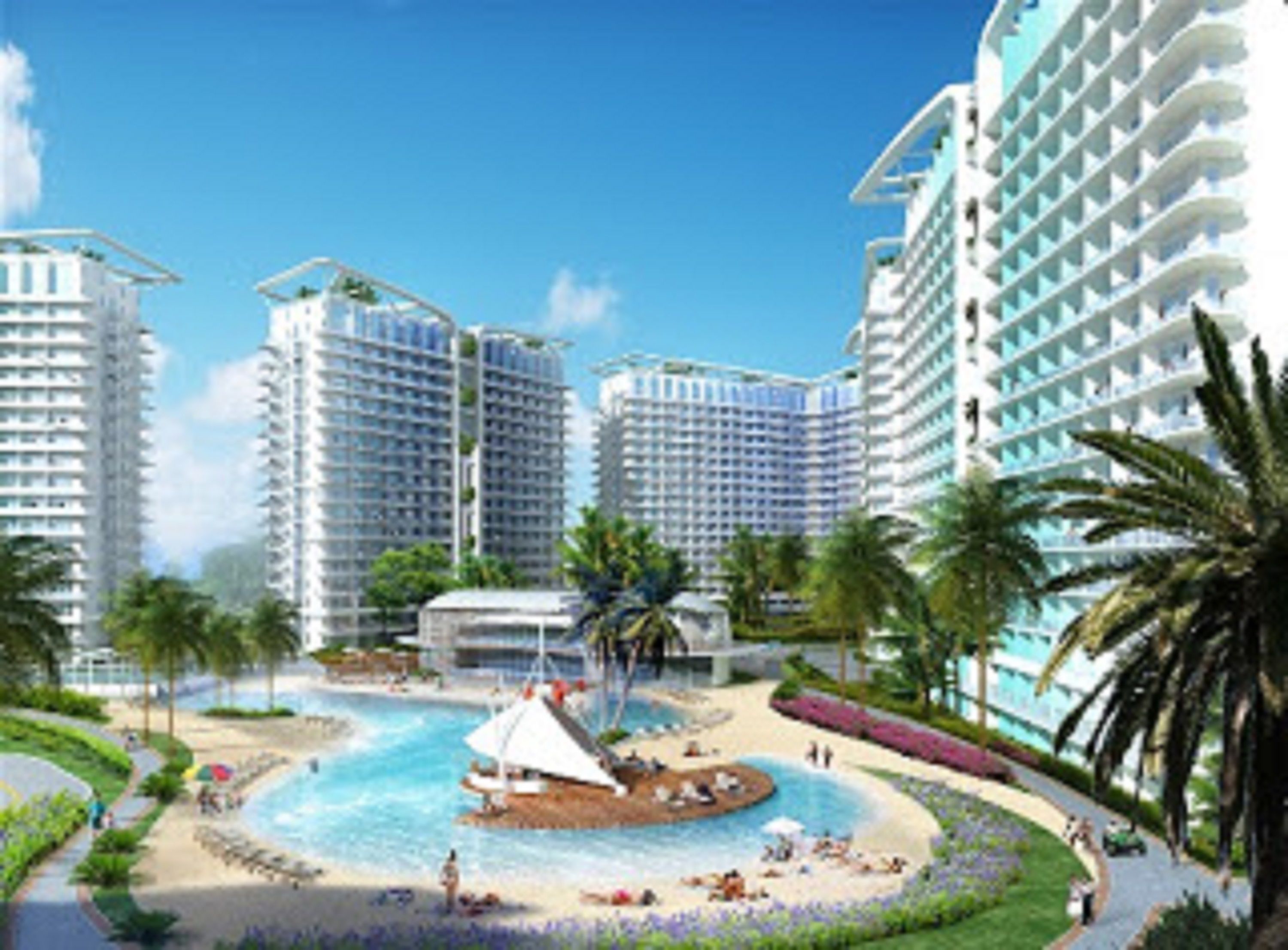 A resort with high-rise buildings, a central pool area, and palm trees.