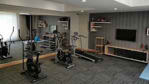 Un gimnasio moderno con varios equipos de ejercicio, un espejo grande y un televisor de pantalla plana en la pared.