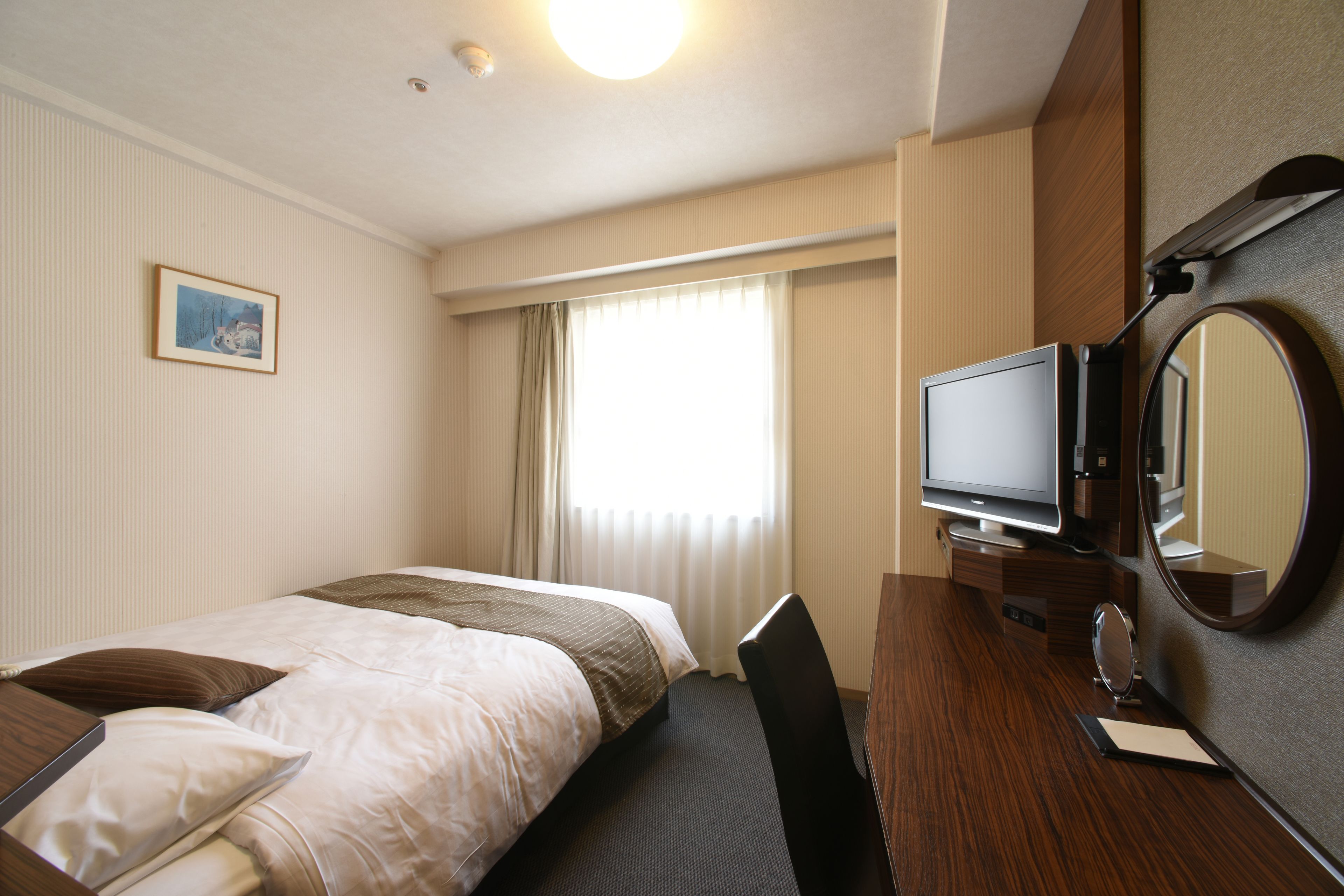 A hotel room with a bed, a desk with a television, a mirror, and a framed picture on the wall.