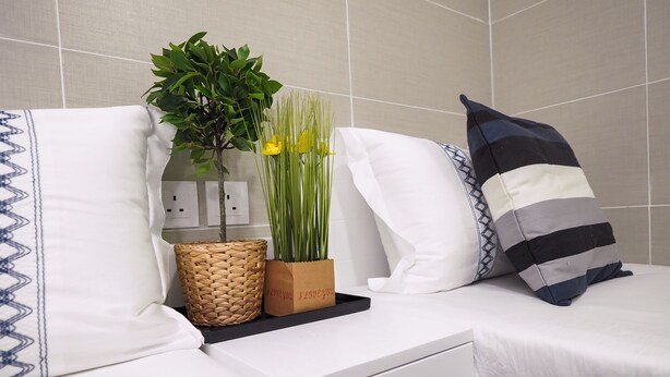 A neatly arranged bedroom with a bed, pillows, a bedside table, a woven basket, and a potted plant. - Smiley Inn (Kowloon)