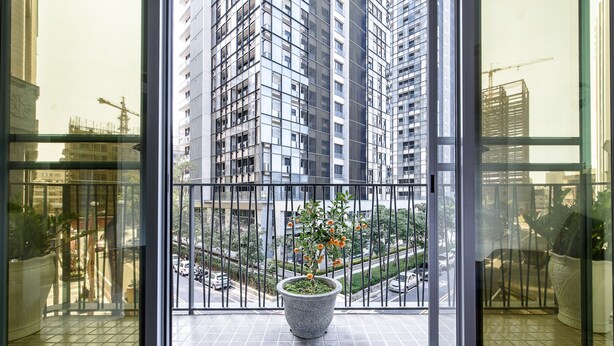 Un balcón con una planta en maceta, vista de edificios altos y una grúa de construcción al fondo.