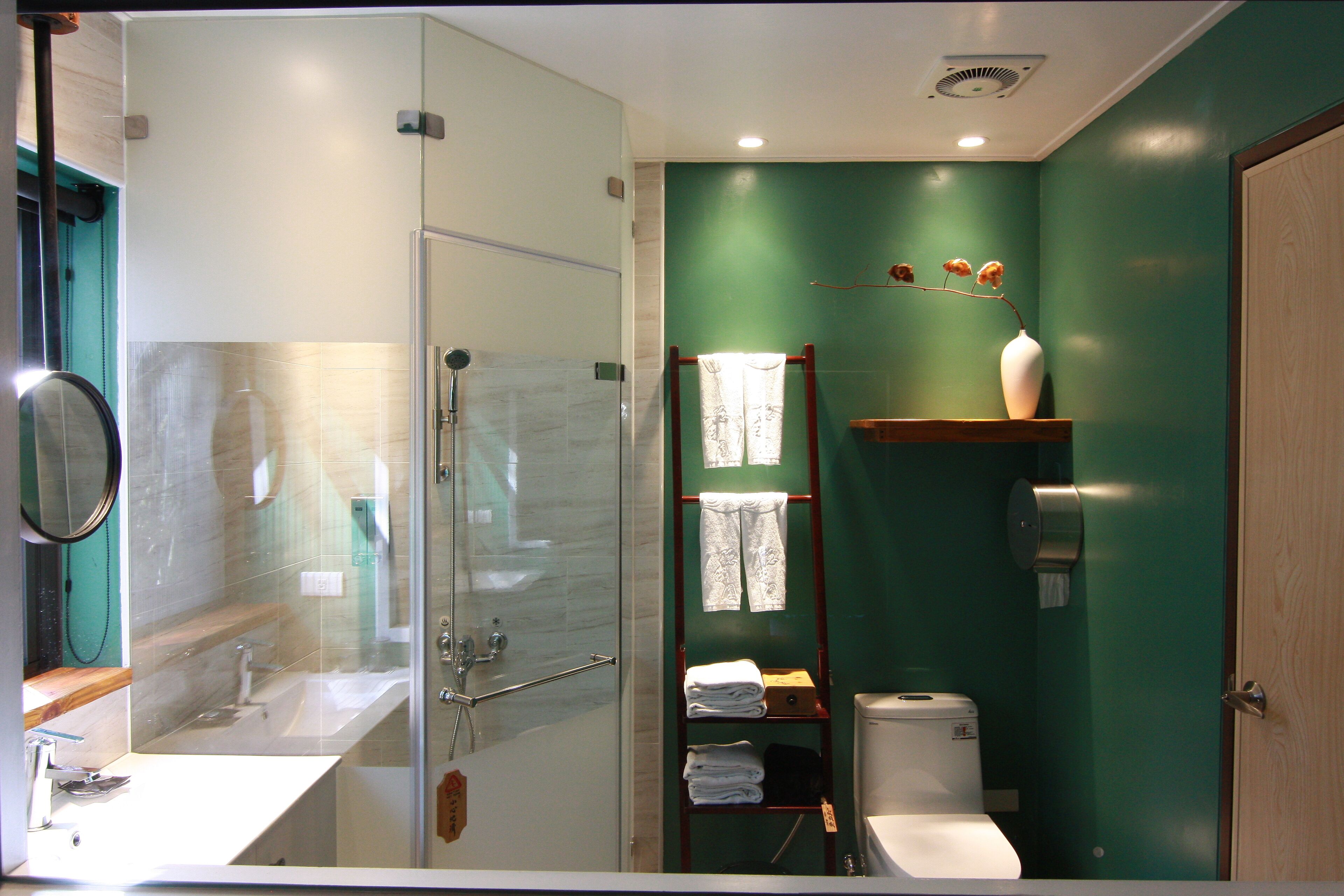 Un baño moderno con ducha envuelta en vidrio, un lavamanos blanco y un inodoro.