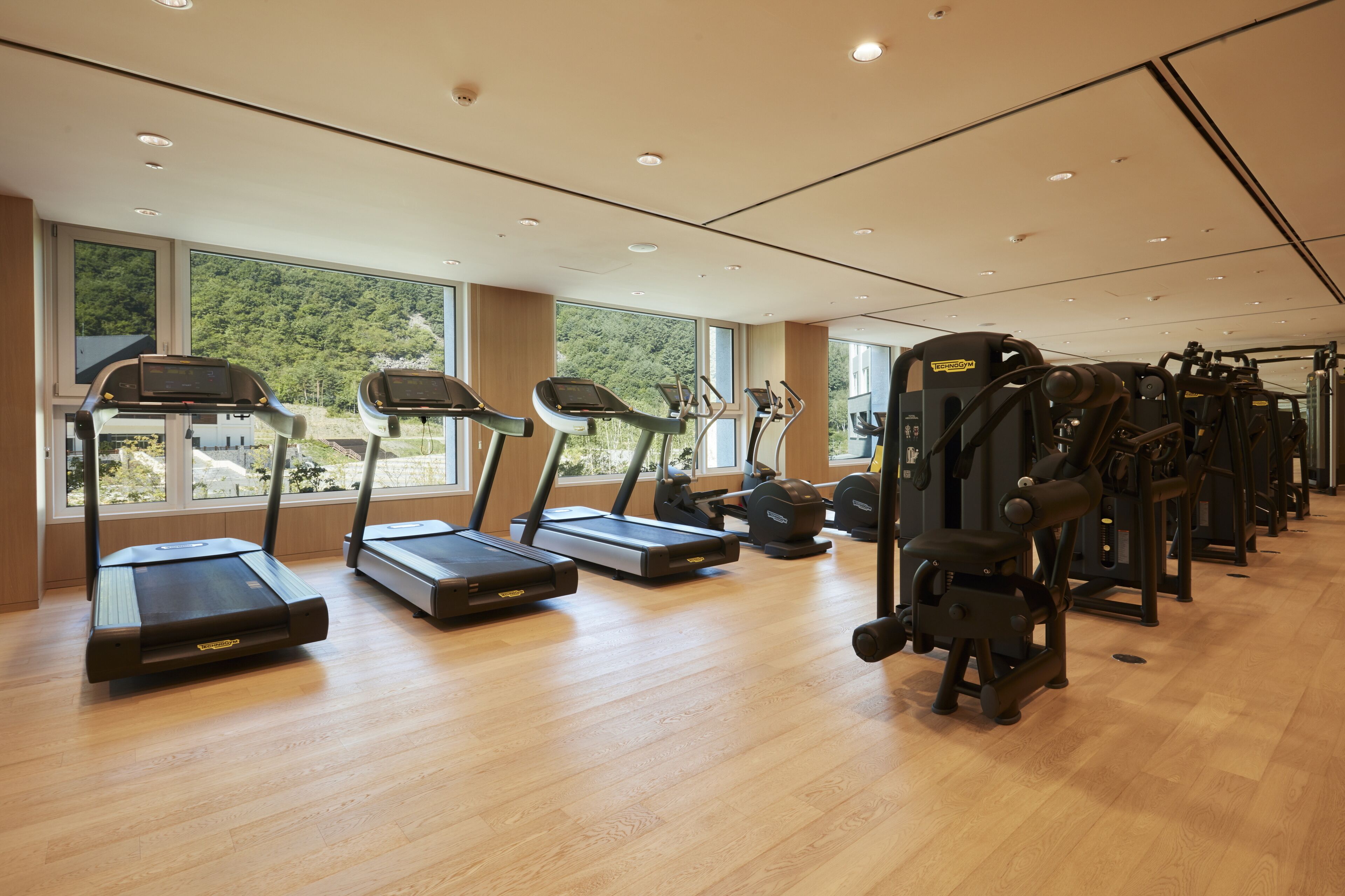 Un gimnasio con cintas de correr y máquinas de pesas, ventanas amplias y suelo de madera.