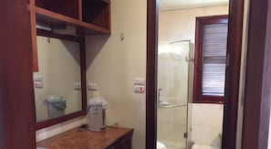 Shower, free toiletries, hair dryer, slippers